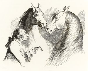 Gulliver conversa con cavalli parlanti nella Terra degli Houyhnhnms, dai Viaggi di Gulliver di Jonathan Swift
