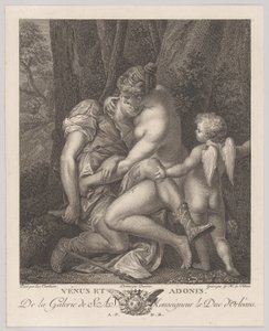 Venere piange Adone, seduta sotto un albero e abbracciandolo, con Cupido a destra da Gérard René Le Vilain