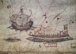 Galea e caravella portoghese (dettaglio) dalla Carta nautica del Mediterraneo da Grazioso Benincasa
