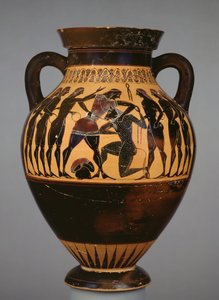 Anfora attica a figure nere che mostra Teseo e il Minotauro osservati da sei giovani