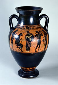 Anfora a collo nero a figure nere attica che raffigura il benvenuto di Ercole all