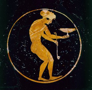 Coppa a figure rosse attica decorata con una schiava nuda che tiene una coppa di vino e un mestolo, di Oltos, c.510 a.C. da Greek