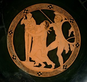 Coppa attica a figure rosse raffigurante Cassandra inseguita da Aiace in cerca di rifugio presso uno xoanon di Atena, c.430 a.C. da Greek