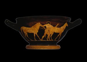 Skyphos attico a figure rosse, raffigurante Eracle e le cavalle di Diomede da Greek