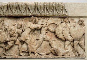 Gigantomachia: il leone di Cibele divora un gigante mentre Apollo e Artemide combattono contro i giganti, 525 a.C. da Greek