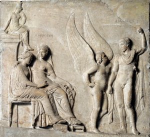 Arte greca: Il principe di Sparta Paride seduce Elena di Troia, è rappresentata Afrodite. Rilievo in marmo da un originale greco. I secolo a.C. Museo Archeologico Nazionale, Napoli