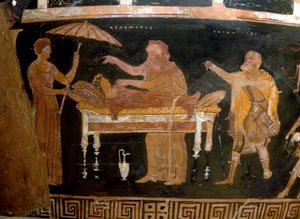 Arte Greca: Vaso di Arhemore: il Funerale di Arhemore (Ofelte) Dipinto dal pittore di Dario. Da Ruvo. IV secolo a.C. Museo Archeologico Nazionale, Napoli da Greek