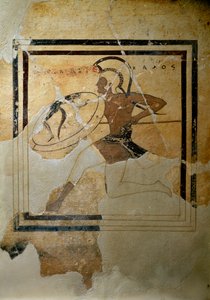Arte greca: pynax (tavoletta votiva) di terracotta rappresentante un oplita in corsa da Greek