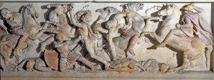 Arte greca: sarcofago di Alessandro Magno (356-323 a.C.) Vista dei rilievi che rappresentano la Battaglia di Isso nel 333 a.C. tra Greci e Persiani. Dalla necropoli fenicia di Sidone. IV secolo a.C. Dim. 195 x 318 x167 cm Istanbul, museo archeologico da Greek