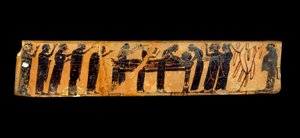 Arte greca: frammento di un vaso con figure nere in ceramica che rappresenta una cerimonia funebre: rappresentazione del corpo del defunto esposto e del passaggio obbligato delle lamentazioni intorno al letto mortuario, 6° secolo a.C. Parigi, Museo del Lou da Greek