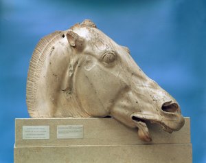 Testa di uno dei cavalli di Selene, dea della luna, dal frontone est del Partenone, 447-432 a.C. (marmo)