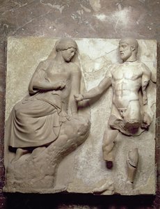 Ercole e Minerva, una delle metope che raffigurano le Fatiche di Ercole dal Tempio di Zeus a Olimpia, Periodo Classico Antico, c.470-457 a.C.