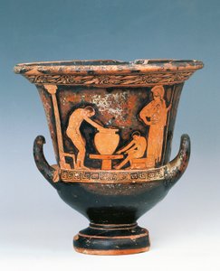 Cratere che mostra una scena di un vasaio al lavoro sotto lo sguardo di Atena, ceramica a figure rosse dalla Sicilia, Italia, Magna Grecia, V secolo a.C.