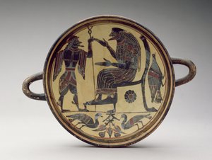 Coppa Kylix laconica raffigurante Zeus e Hermes, c.550-530 a.C. da Greek
