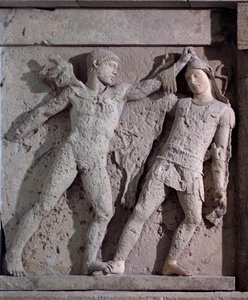 Magna Grecia: metopa con Eracle e Amazzone, rilievo in pietra, V secolo a.C.