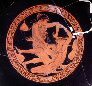 Minotauro ucciso da Teseo - Vaso greco conservato al Museo Archeologico di Firenze. Interno della coppa pentica con figure rosse, pittore di Dokimasia. 480 a.C. (Minotauro) da Greek