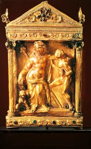 Naiskos con Dioniso ubriaco e satiro, piccolo tempio in stile ellenistico con granati e smeraldi da Tessaglia, II secolo a.C. (oro) da Greek