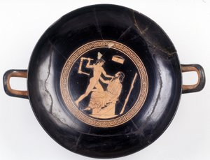 Pittura su coppa: Rappresentazione di Eracle che agita una sedia per colpire il suo maestro di musica, 470 a.C. BNF, Ufficio delle Medaglie da Greek