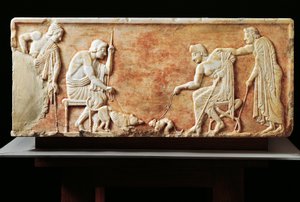Stele che raffigura lotta tra cane e gatto, 510 a.C. (rilievo) da Greek
