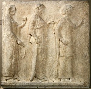 Le Tre Grazie, rilievo dal Passaggio dei Theores, da Thasos, c.470 a.C. (marmo) da Greek