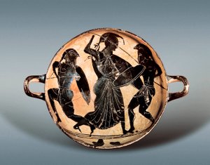 Guerra di Troia: Dea Atena che lotta tra Ettore e Achille. VI secolo a.C. Kylix (coppa da bere) con figure nere in ceramica, Museo Archeologico della Catalogna, Barcellona. da Greek