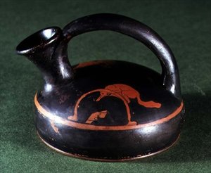 Askos a figure rosse attiche decorato con una volpe in una trappola da Greek