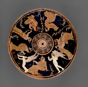 Pyxis attica a figure rosse, dettaglio del coperchio decorato con donne che tengono pegni d