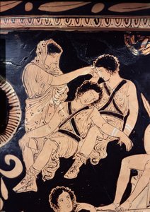 Cratere attico a figure rosse raffigurante Oreste supplice al santuario di Apollo a Delfi, attribuito al Pittore delle Eumenidi Apulee, c.380 a.C. (dettaglio) da Greek School
