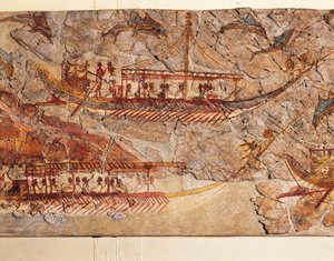 Affresco che raffigura una processione di navi, da Akrotiri, Isola di Thera, Santorini, Grecia, dettaglio, navi