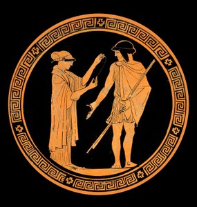Conversazione galante, decorazione di una ceramica con figure rosse. V secolo a.C.