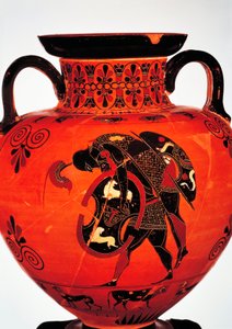 Civiltà greca, VI secolo a.C. Ceramica a figure nere. Anfora raffigurante Aiace che trasporta il corpo di Achille.