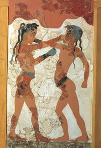 Civiltà greca, affresco raffigurante giovani pugili, da Akrotiri, Isola di Thera, Santorini, Grecia da Greek School
