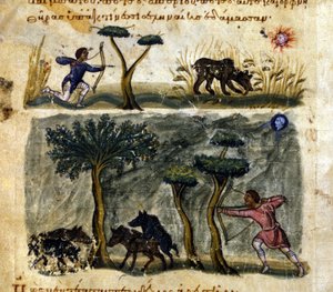 Caccia al cinghiale secondo il manoscritto greco di Oppiano De Venatione XIII secolo