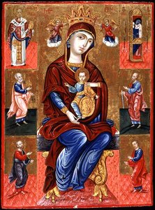 Vergine di Skopiotisa in trono con Cristo e sei santi, c.1700 da Greek School