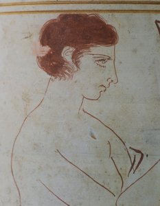 Lekythos attico, scena funebre di un guerriero seduto davanti alla sua tomba, 420-410 a.C., attribuito al Pittore Parrhasio di Efeso, ceramica a fondo bianco di Atene, Grecia. (dettaglio) da Greek School