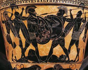 Civiltà greca, ceramica a figure nere, cratere che raffigura la lotta per il corpo di Patroclo, da Farsala, Grecia