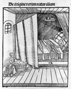 Una levatrice pulisce il neonato mentre la madre riposa. Incisione in "Margarita Philosophica" di Gregor Reisch (1467-1525), Basilea da Gregor Reisch