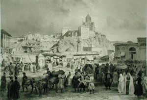 Il Bazar in Piazza Maidan, Tiflis, Georgia, tavola 25 da un libro sul Caucaso, inciso da Adolphe Jean-Baptiste Bayot (1810-66) e Eugene Ciceri (1813-90), pubblicato da Alfred Leon Lemercier, Parigi da Grigori Grigorevich (after) Gagarin