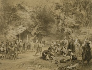 Fine della caccia, Mingrelia, tavola 6 da un libro sul Caucaso, inciso da Adolphe Mouilleron, pubblicato da Alfred Leon Lemercier, Parigi, 1847 da Grigori Grigorevich Gagarin
