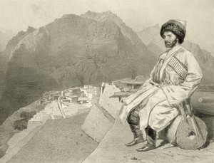 Veduta di Ghimri e ritratto di Hadji-Mourad, tavola 66 da un libro sul Caucaso, inciso da Jules Joseph Augustin Laurens e Eugene Ciceri, di Adolphe Mouilleron