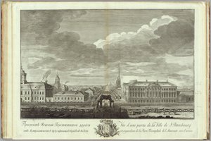 Prospettiva Nevsky con il Palazzo Stroganov Libro per il 50º anniversario della fondazione di San Pietroburgo, 1753 da Grigory Anikeevich Kachalov