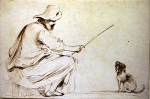 Un uomo seduto che addestra un cane da Guercino