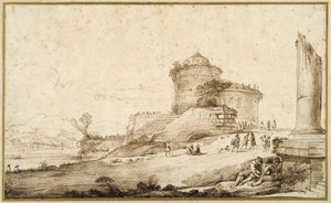 Paesaggio con una colonna rotta, un castello e numerose figure in primo piano a destra da Guercino
