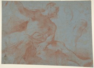 Vecchio seduto con il braccio destro alzato (Tithonus) (recto) da Guercino