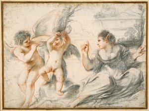 Venere rimprovera Cupido, mentre un cupido più anziano lo lega a un albero da Guercino
