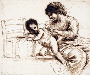 Una madre e un bambino accanto a una sedia da Guercino