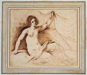 Una donna nuda reclinata che solleva una tenda