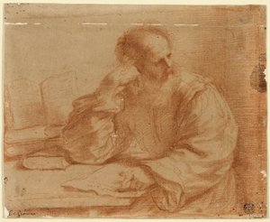 Uomo barbuto seduto al tavolo da Guercino