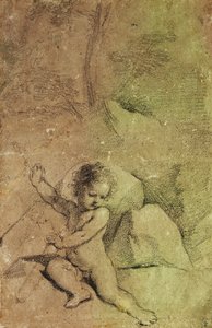 Cupido che estrae una freccia da una faretra, in un paesaggio da Guercino