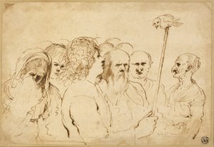 Gruppo di figure, con gufo su un palo da Guercino
